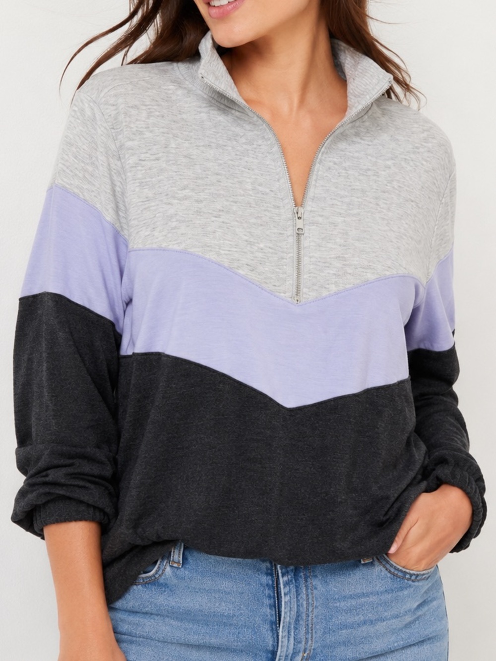 LOFT Outlet Colorblock Quarter Zip Pullover Sweater Top Gray Small